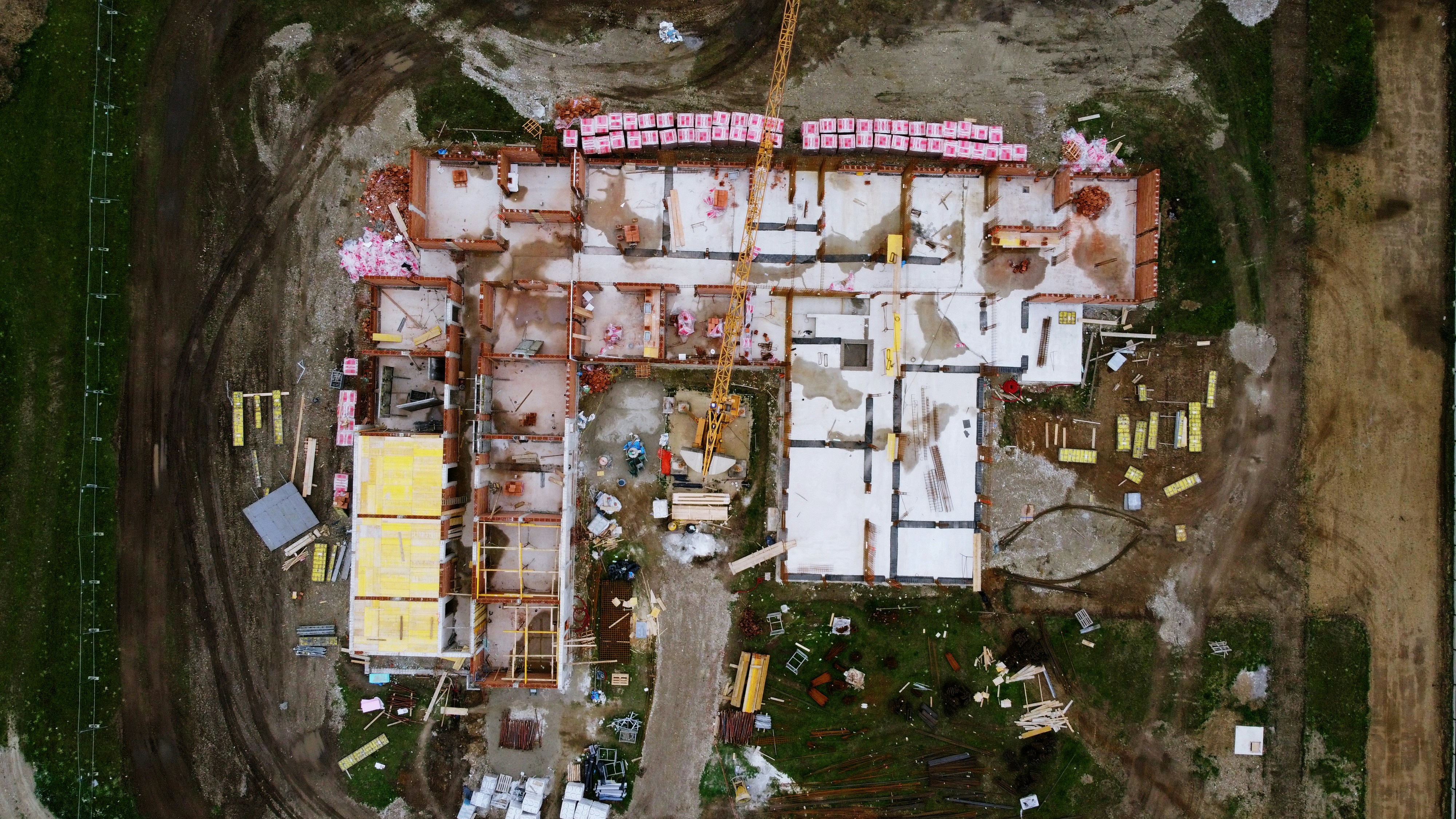 An aerial view of a building under construction