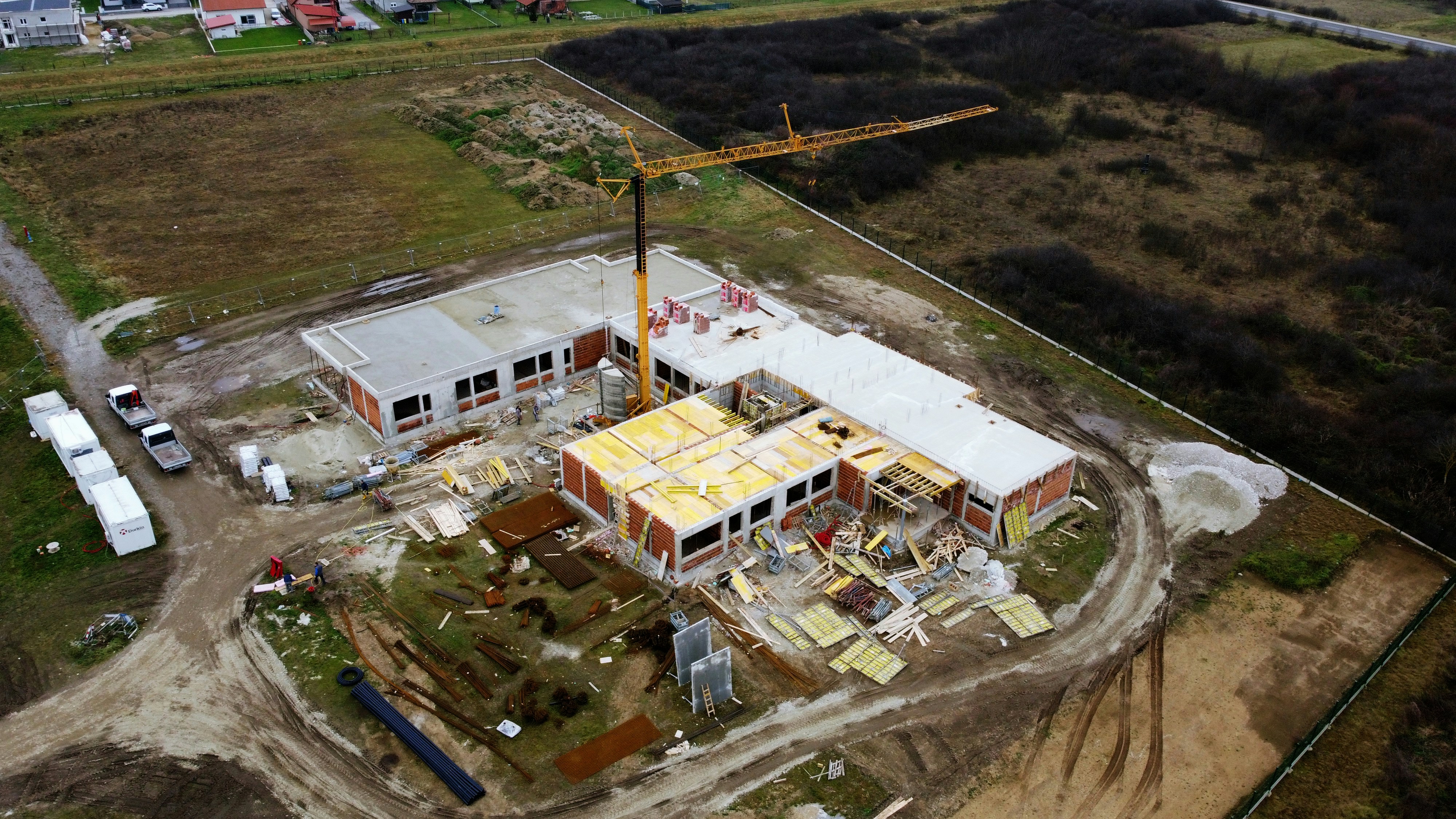 An aerial view of a building under construction
