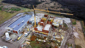 An aerial view of a building under construction