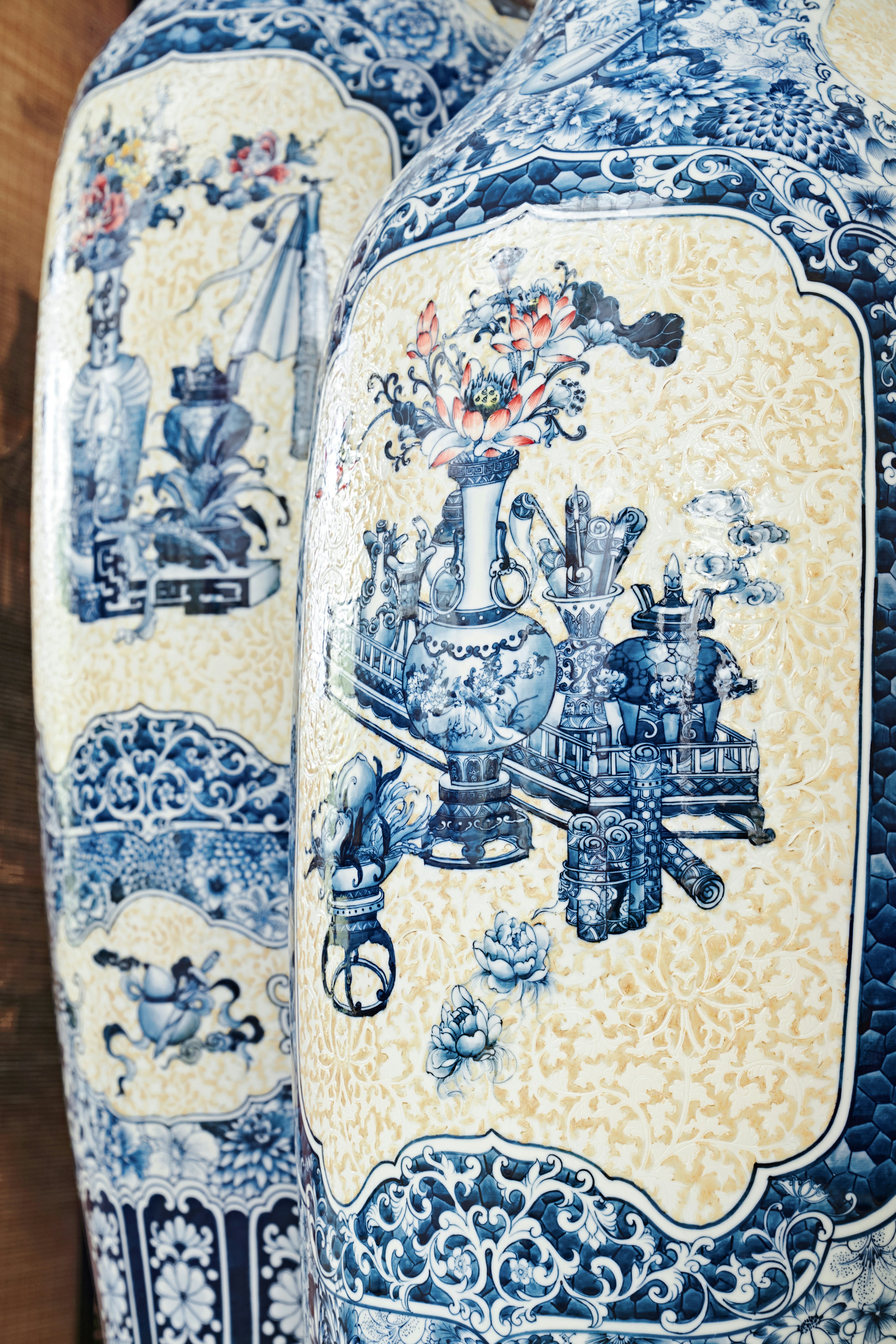 Handcrafted Porcelain Fortune Vase from the Golden Silk Embroidery Collection by Cuong Duyen Ceramics: Exquisite spiritual pieces for worship and reverence.