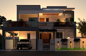 A car is parked in front of a house