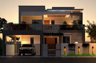 A car is parked in front of a house
