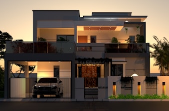 A car is parked in front of a house