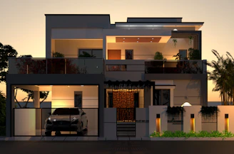 A car is parked in front of a house