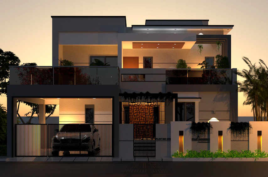 A car is parked in front of a house