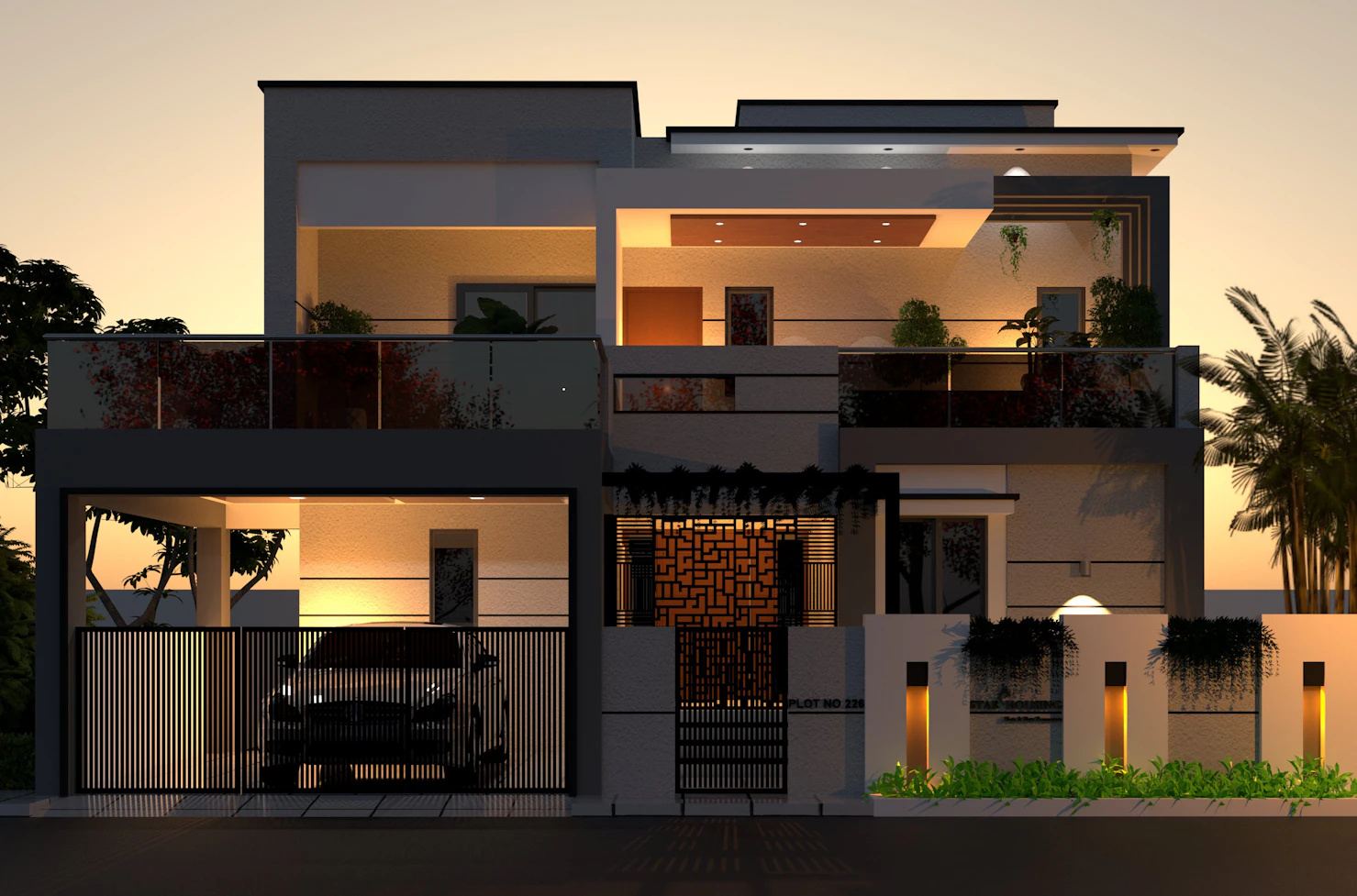 Modern house featuring a pond and walkway