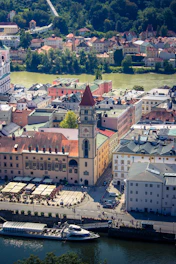 An aerial view of a city with a river running through it