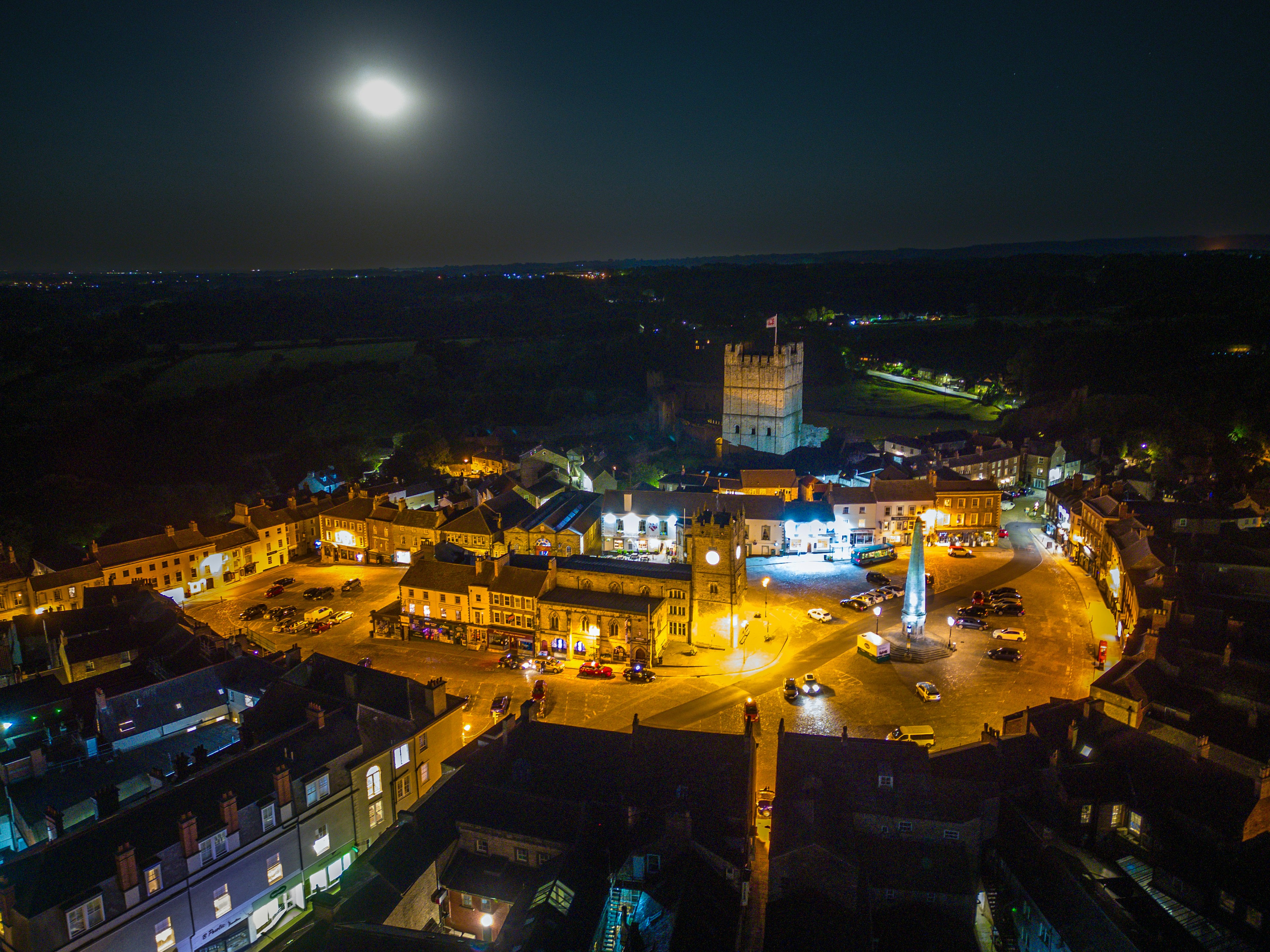 An aerial view of a city at night