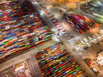 An aerial view of a large amount of shipping containers