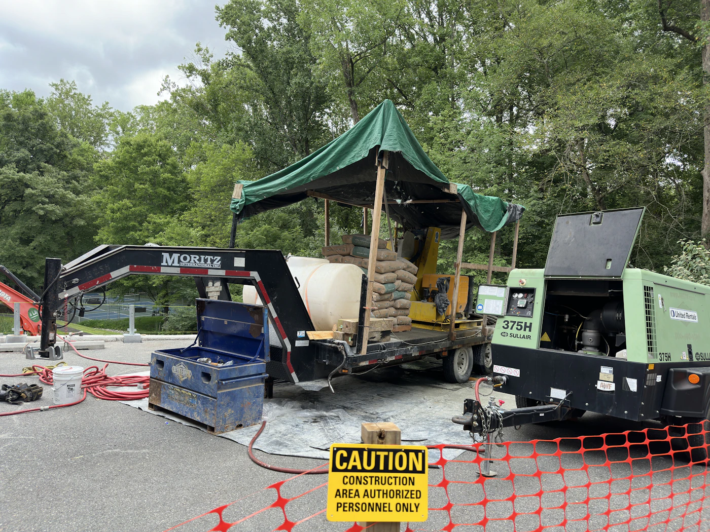 Specialized foundation equipment, grout materials, and site staging