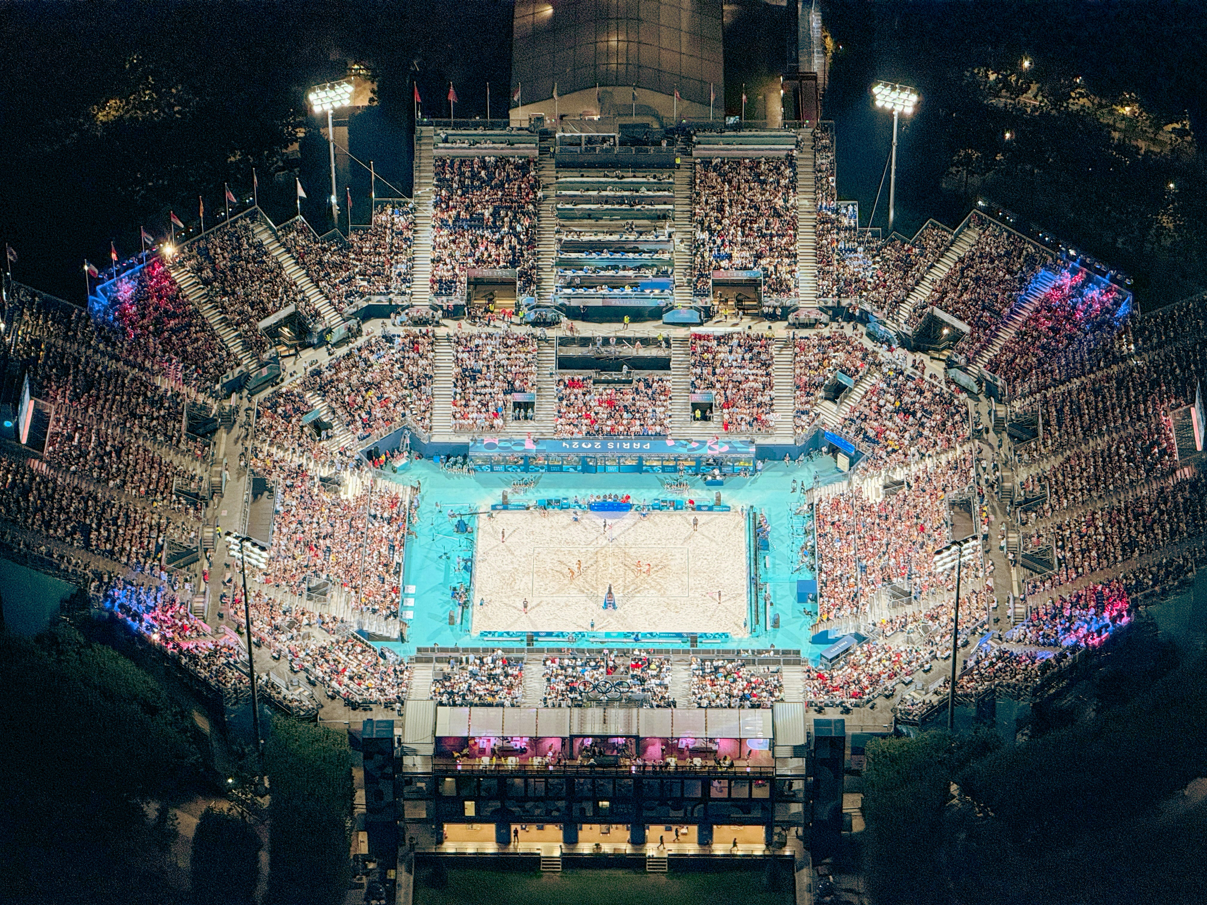 An aerial view of a basketball game in a stadium