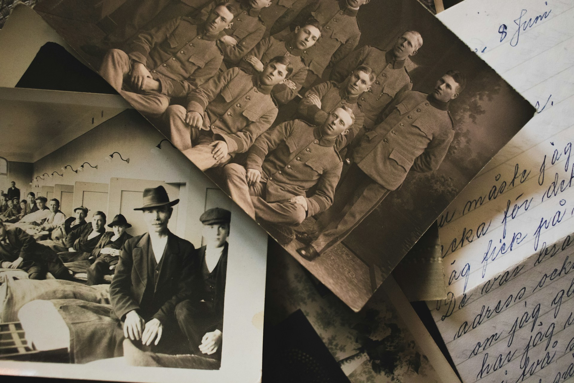 An old photo of a group of people on a table