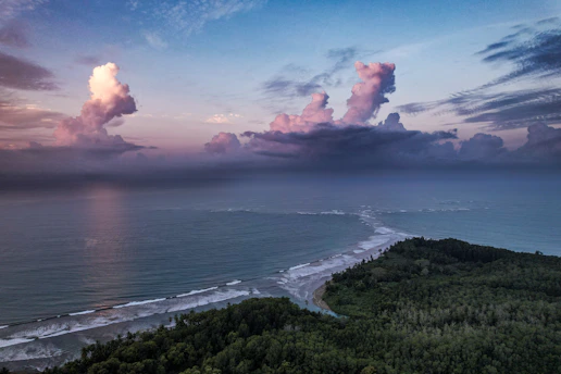 An aerial view of a beach and a body of water