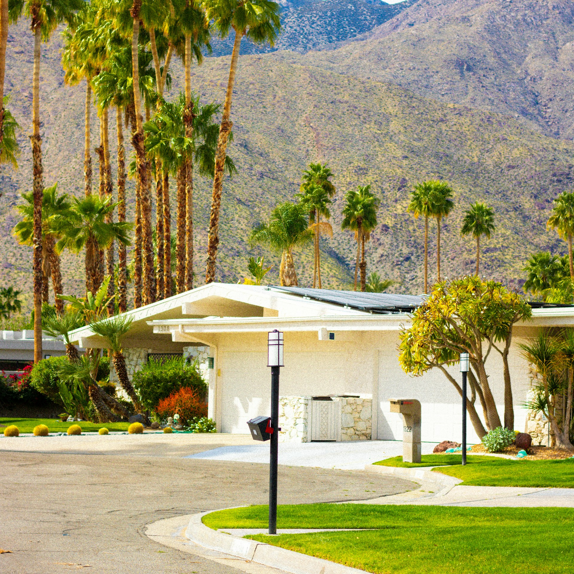 A white house with palm trees and mountains in the background