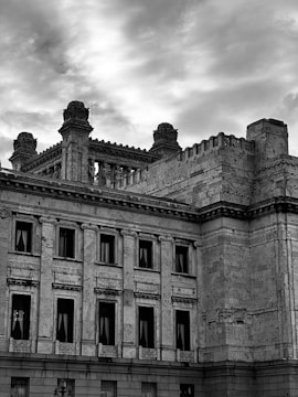 A black and white photo of an old building