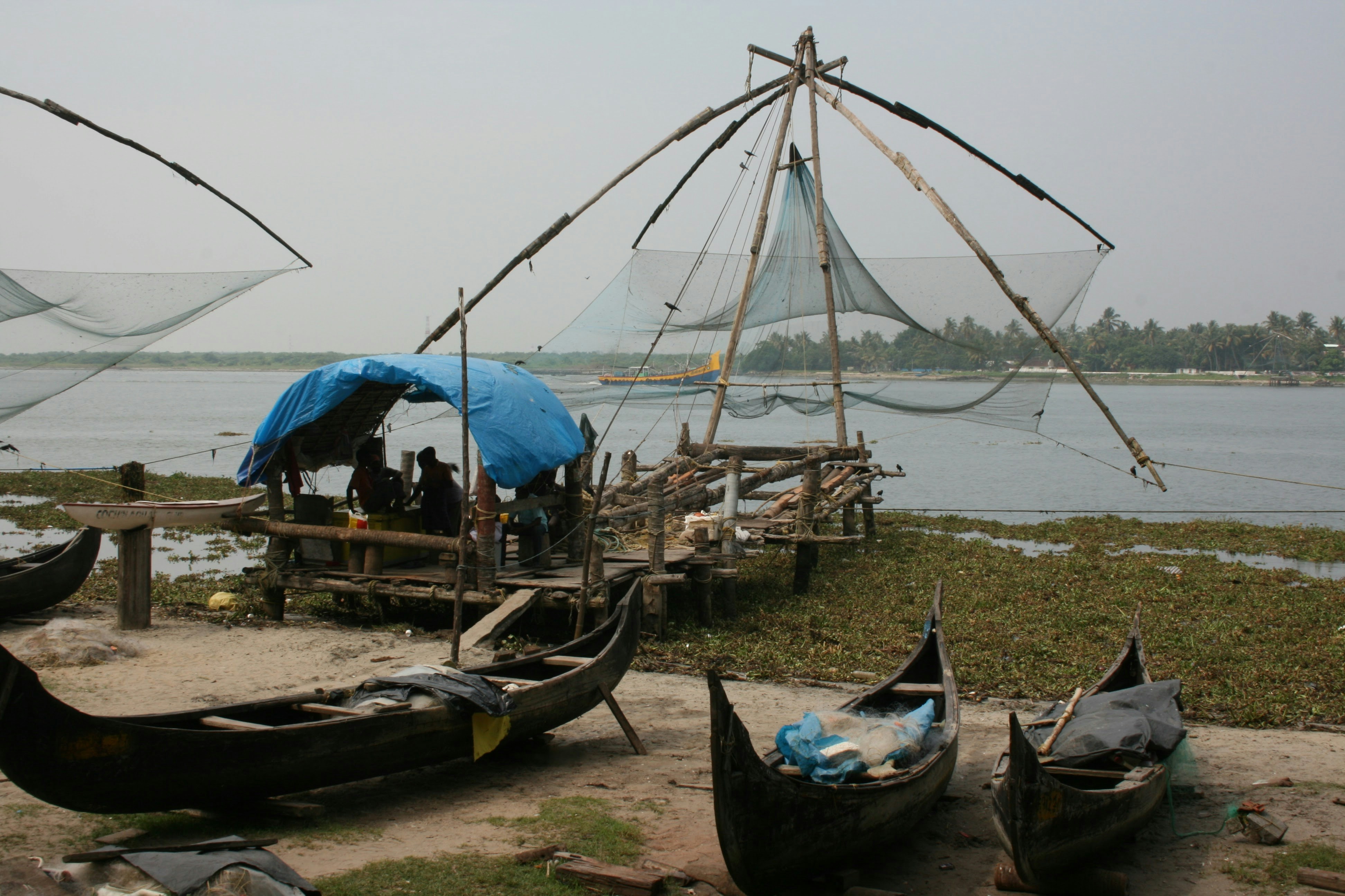 A group of boats sitting next to a body of water