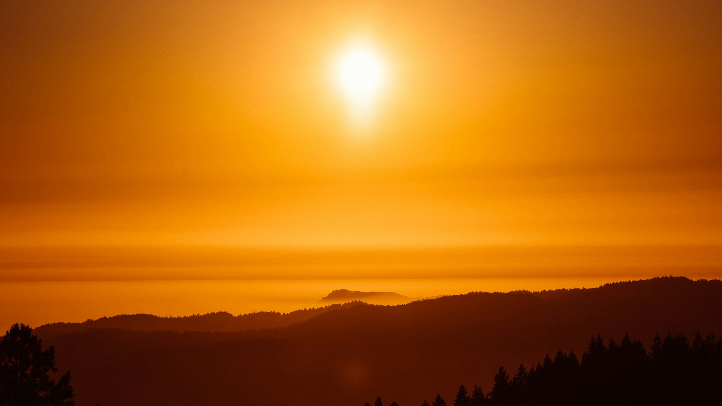 Le soleil se couche sur les montagnes et les arbres