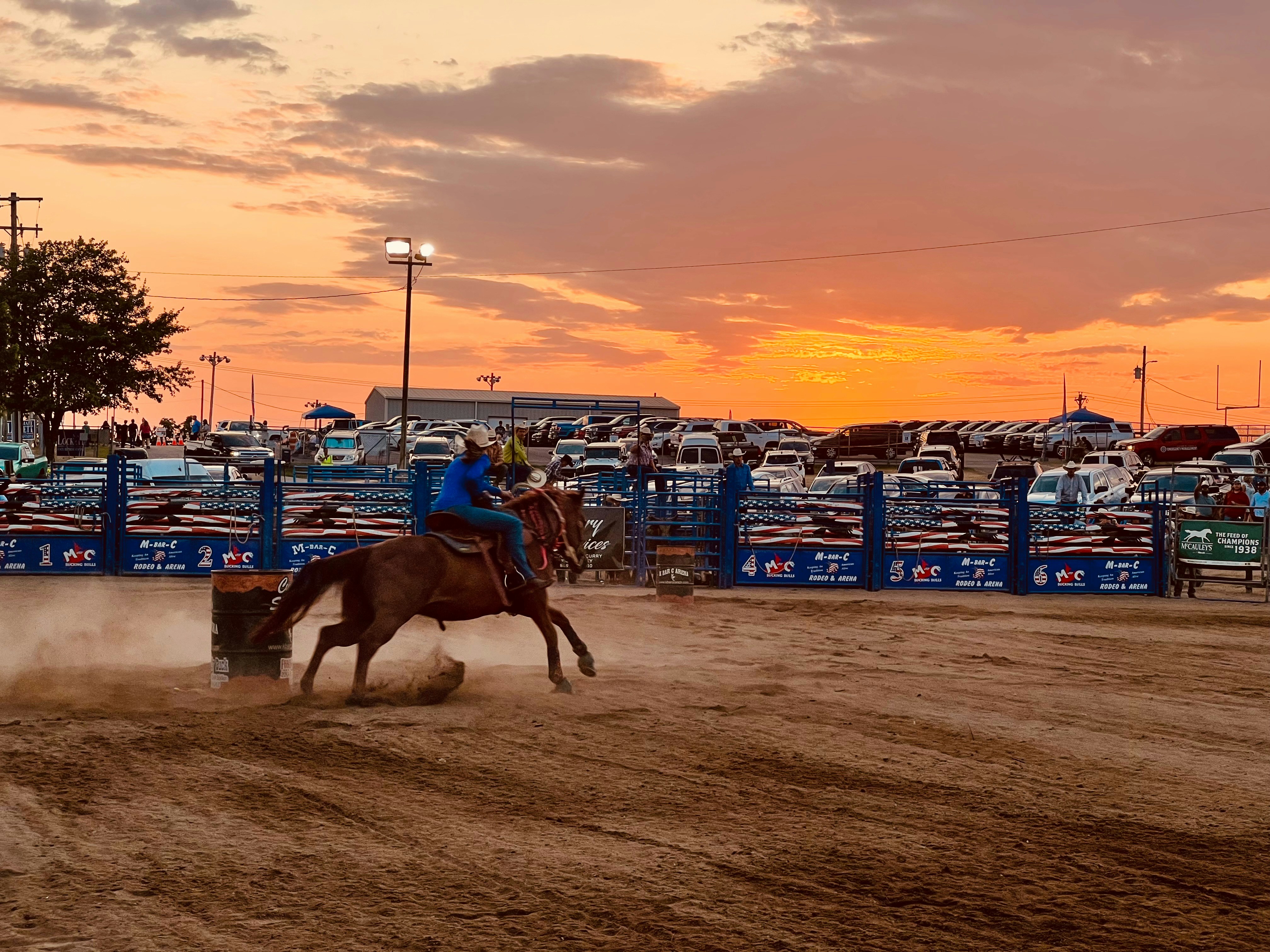 A person riding a horse in a dirt field
