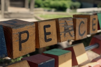 Wooden blocks spelling peace on a bench