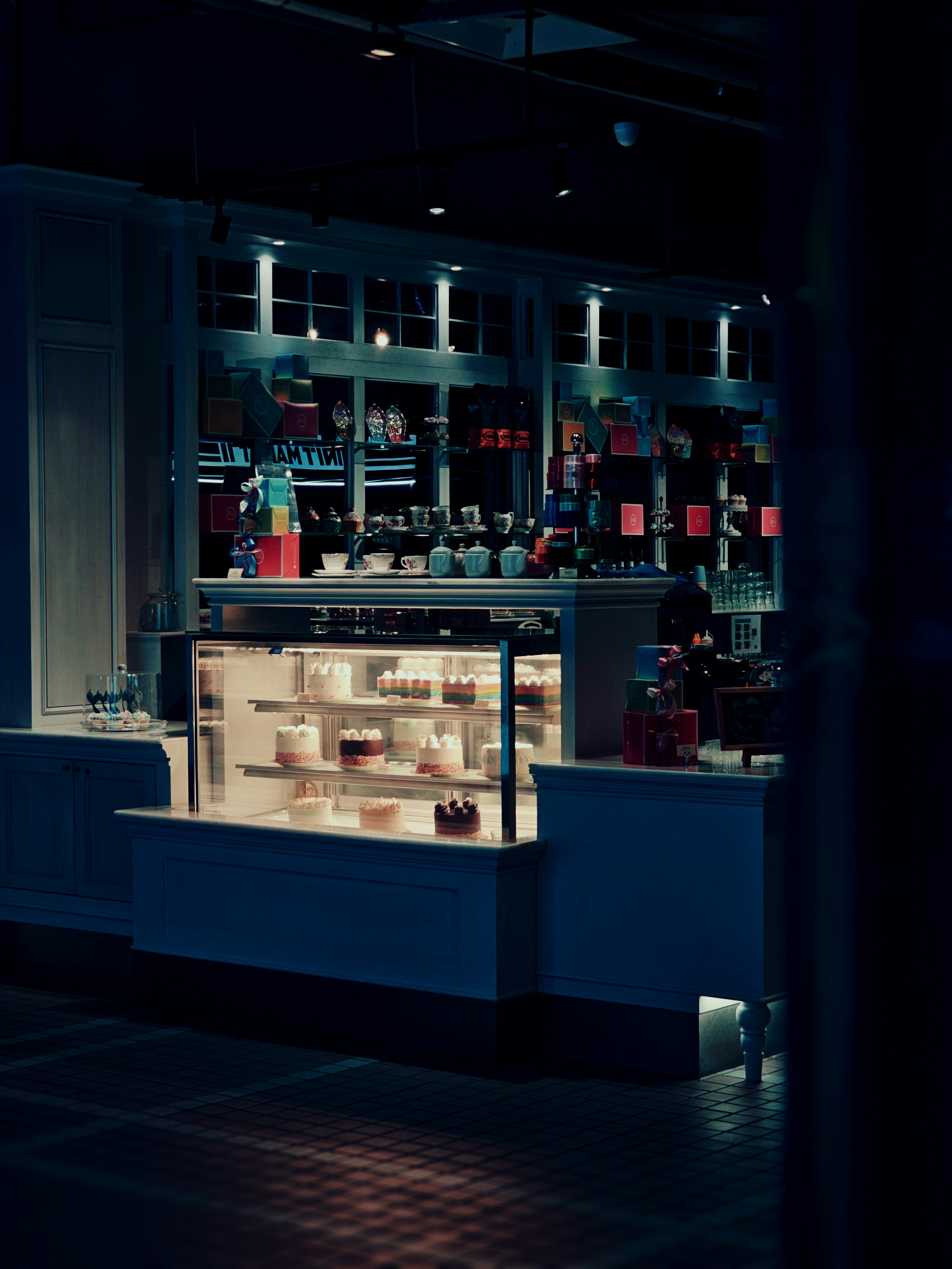 A store front with a lit up counter