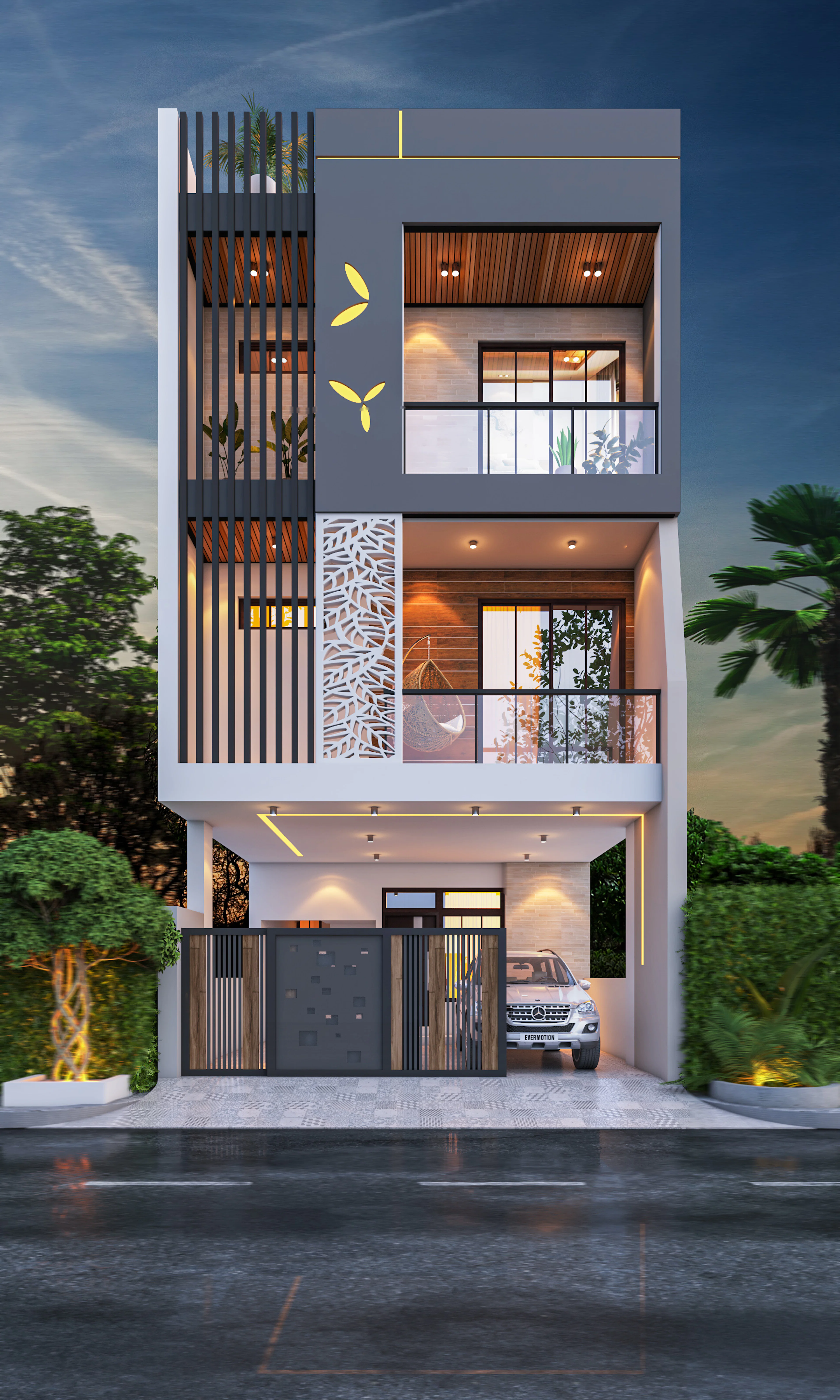 Narrow three-storey house with a patterned screen and balcony