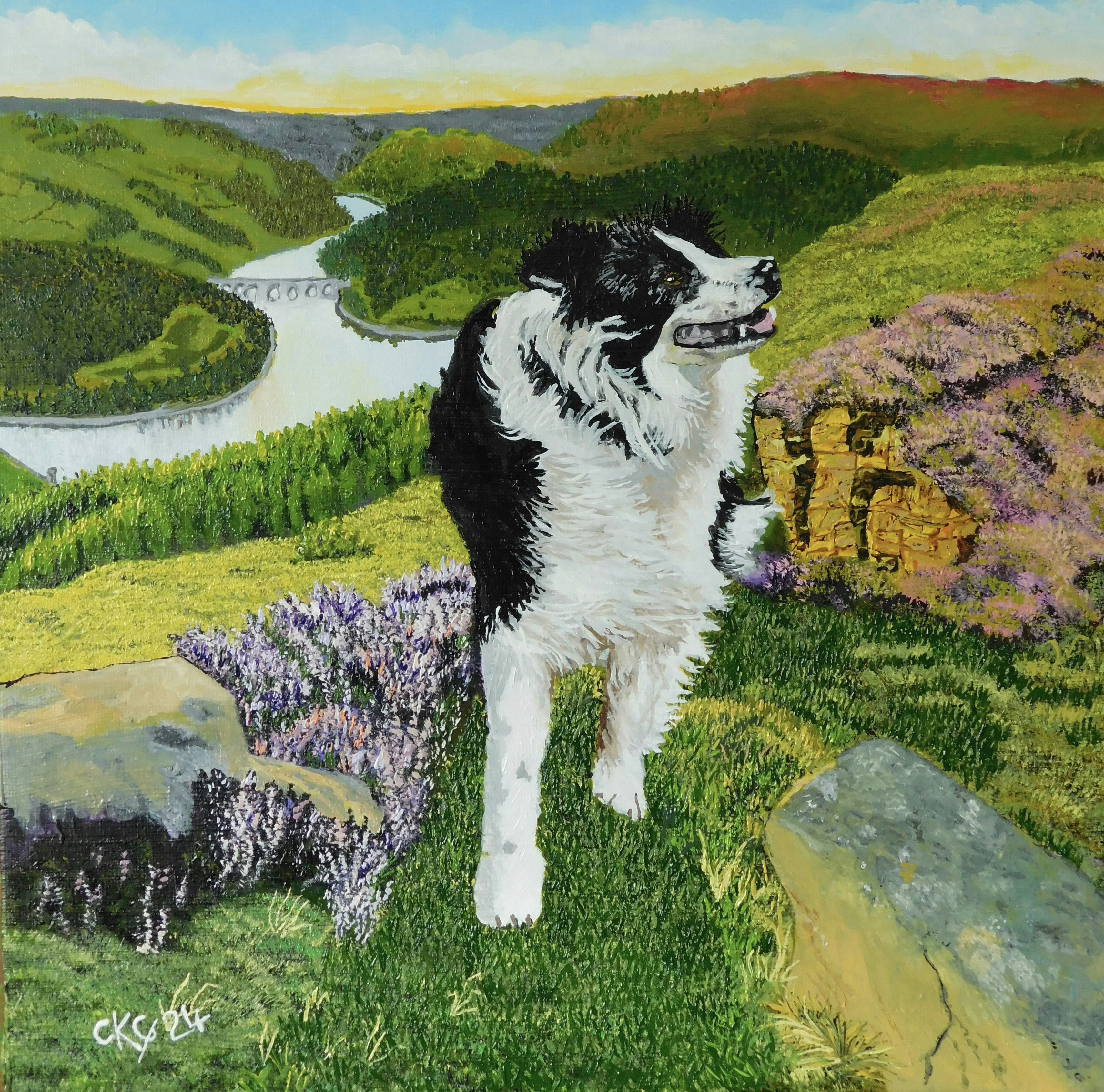 A painting of a black and white dog standing on a hill