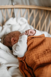 A newborn baby wrapped in a blanket in a crib