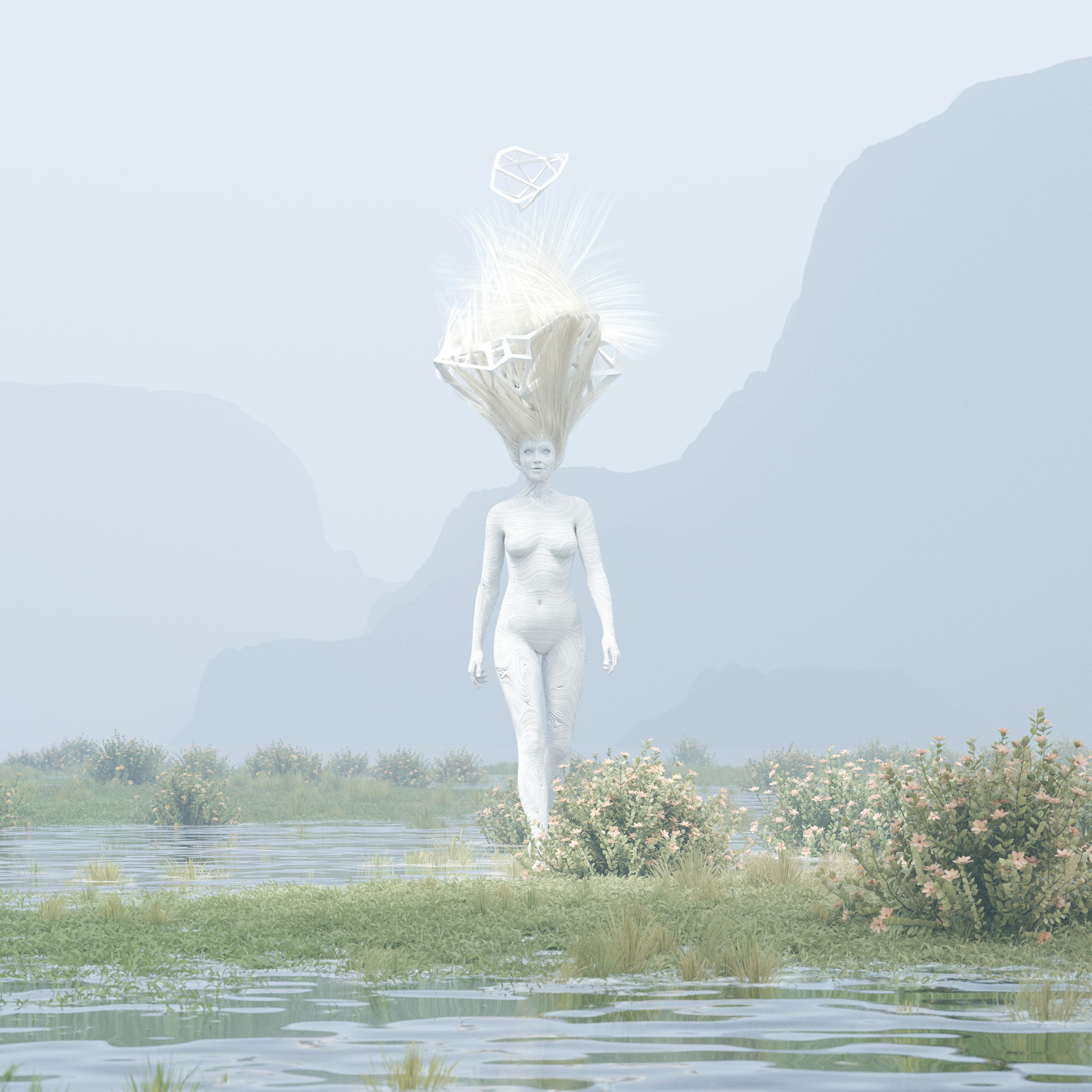 A woman standing in a field with a body of water in front of her