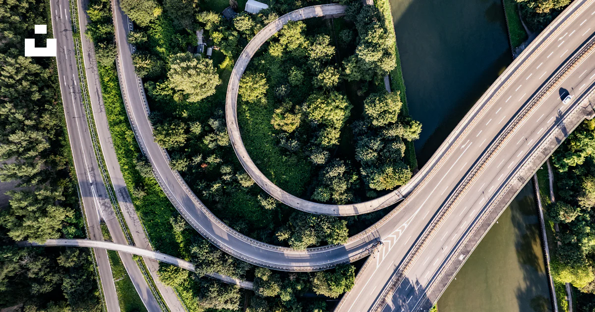 Multiple Intersections Bridge An aerial view of a highway intersection with multiple lanes photo ...