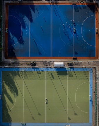 An overhead view of a basketball court and a basketball court