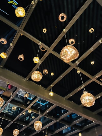 A group of lights that are hanging from a ceiling