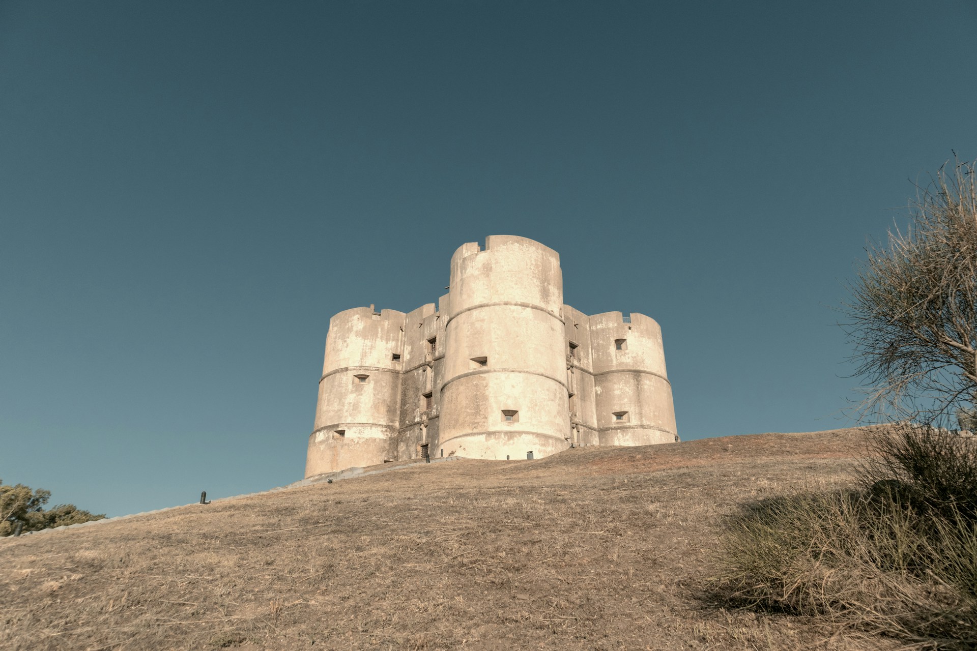 A large white castle sitting on top of a hill
