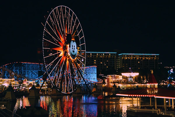 Theme park lit up at night