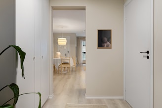 A white hallway with a plant in the corner