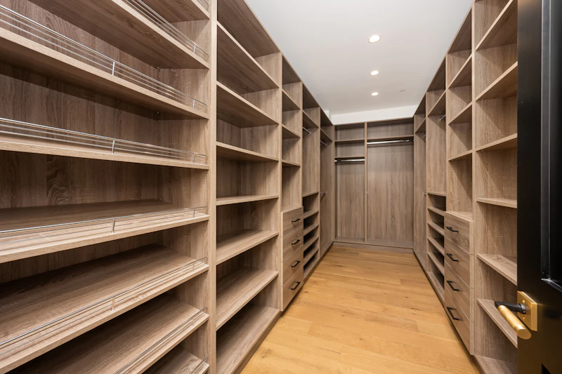 Begehbarer Kleiderschrank mit offenen Holzregalen bis zur Decke