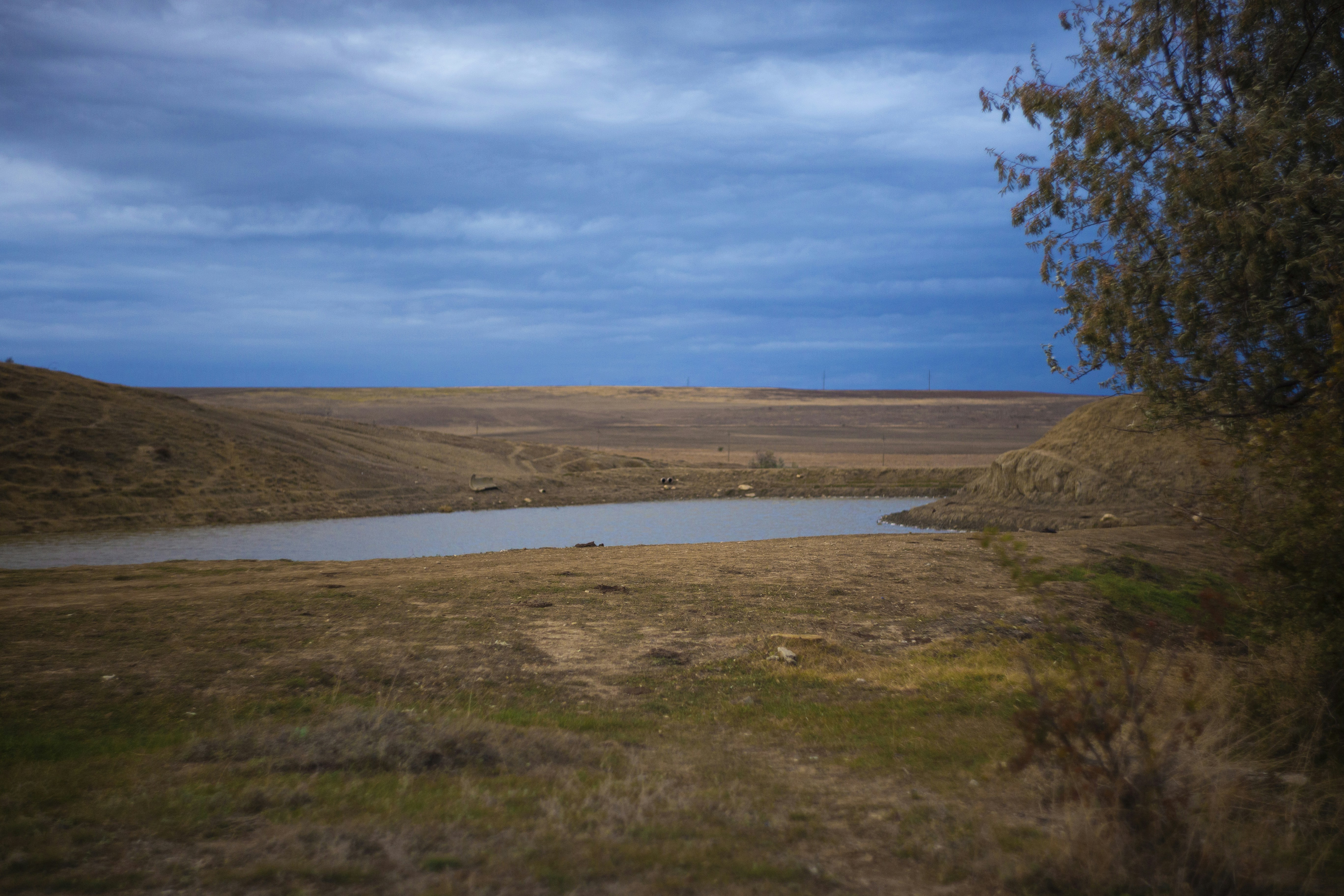 A small pond in a grassy plain under a cloudy sky