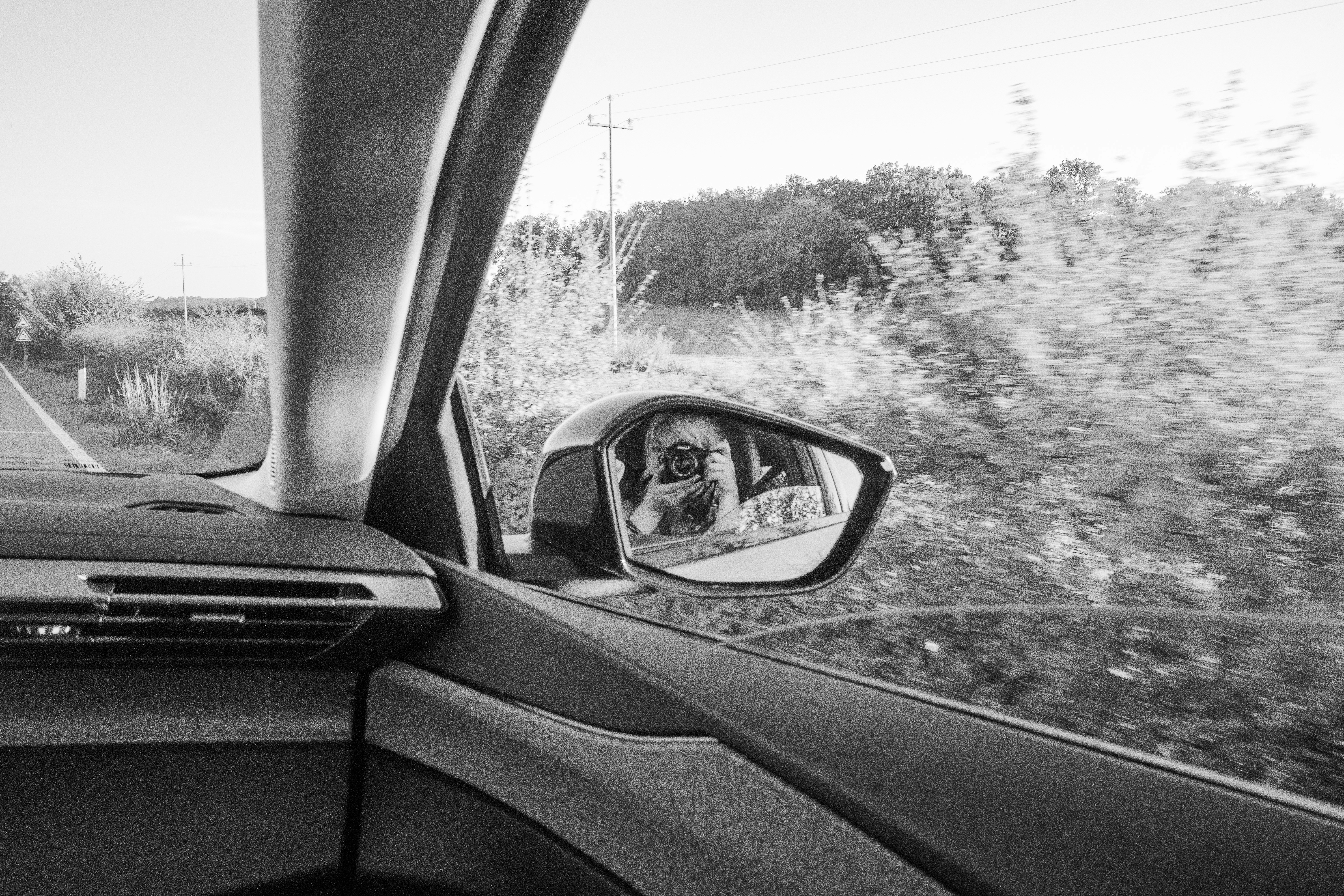 A car's view of a dog in the rear view mirror