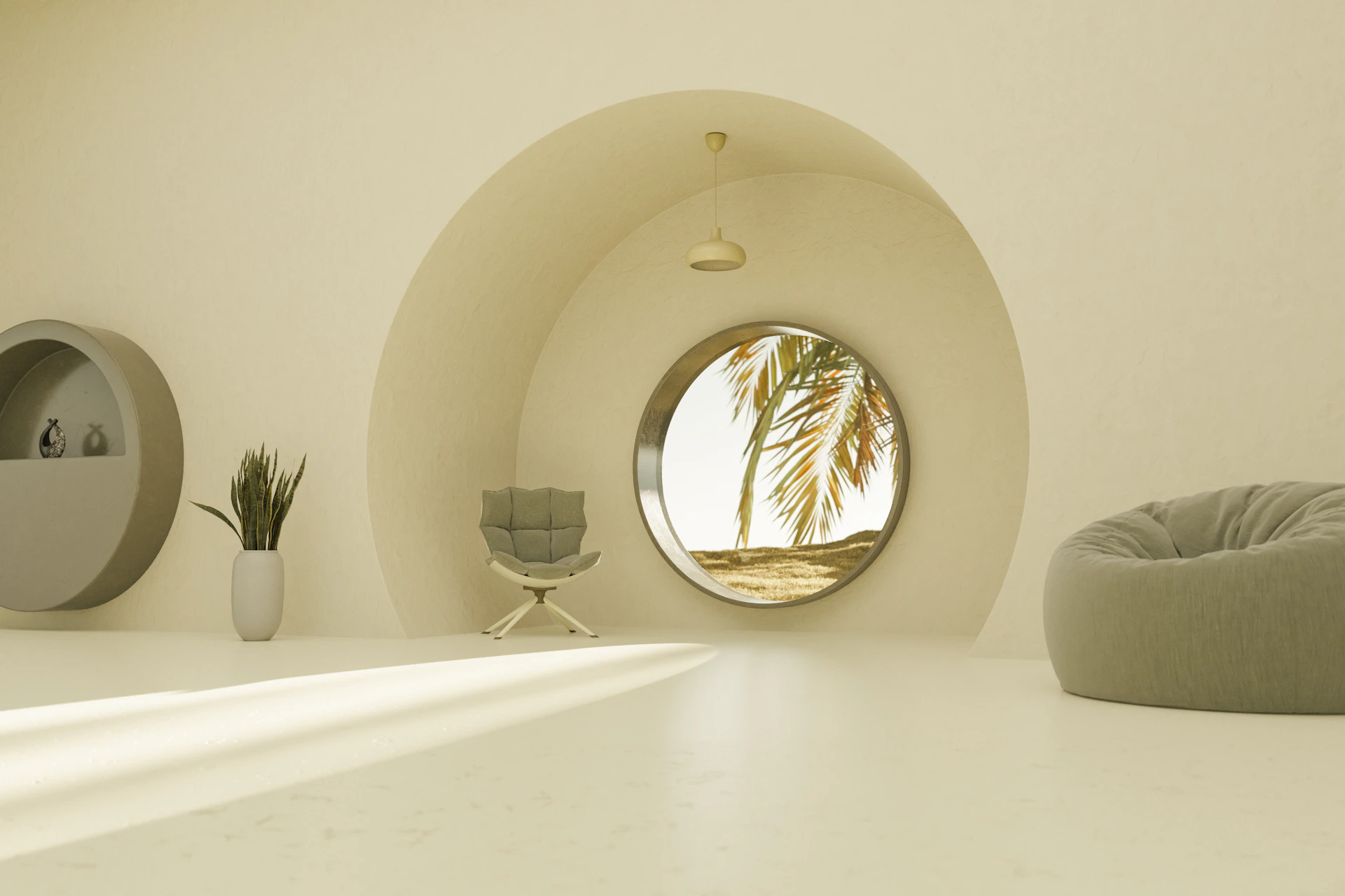 A white room with a round window and a dog bed