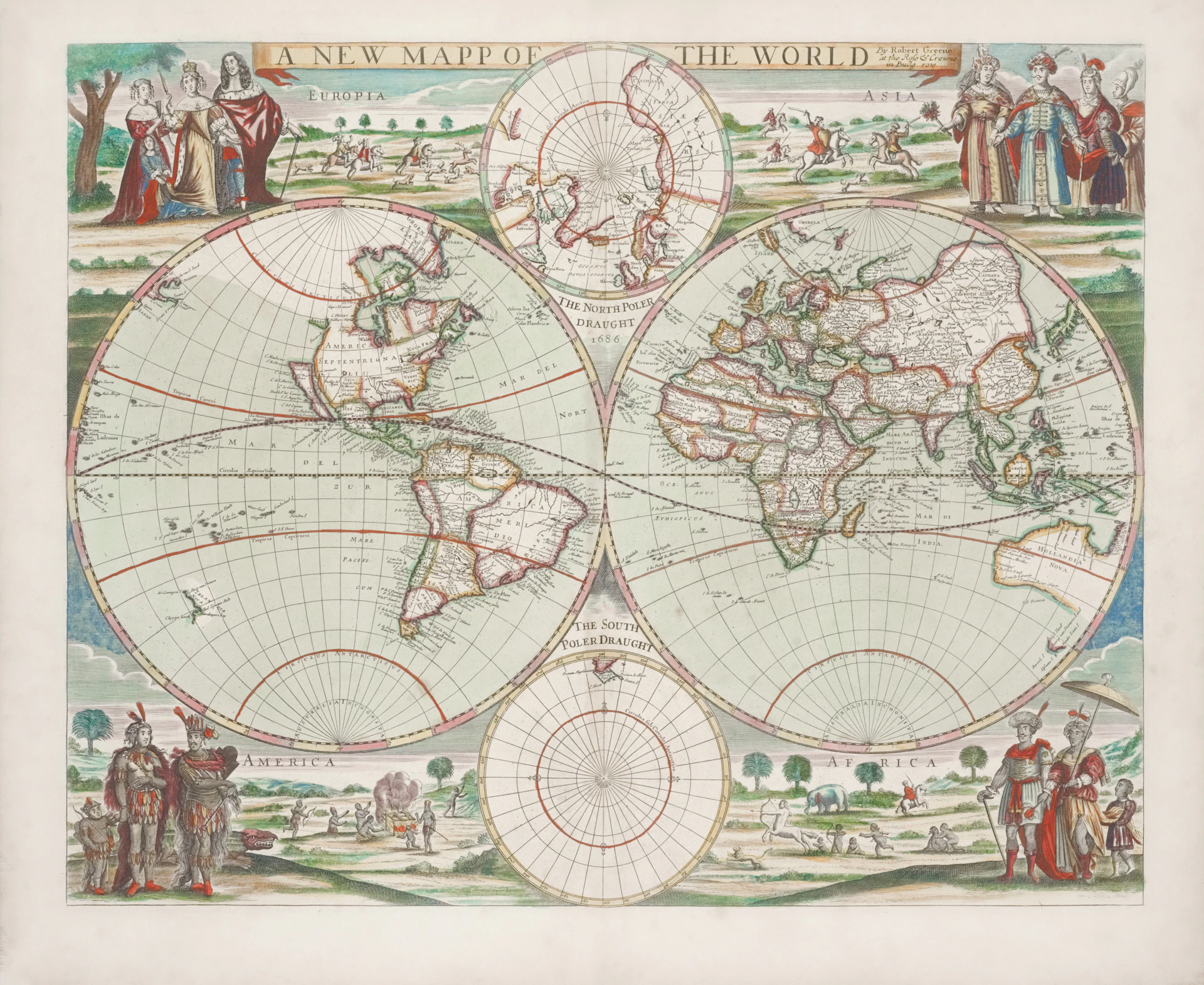An antique map showing the world with figures.