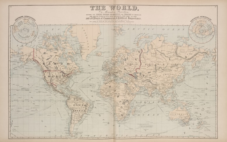 An old world map showing continents and oceans
