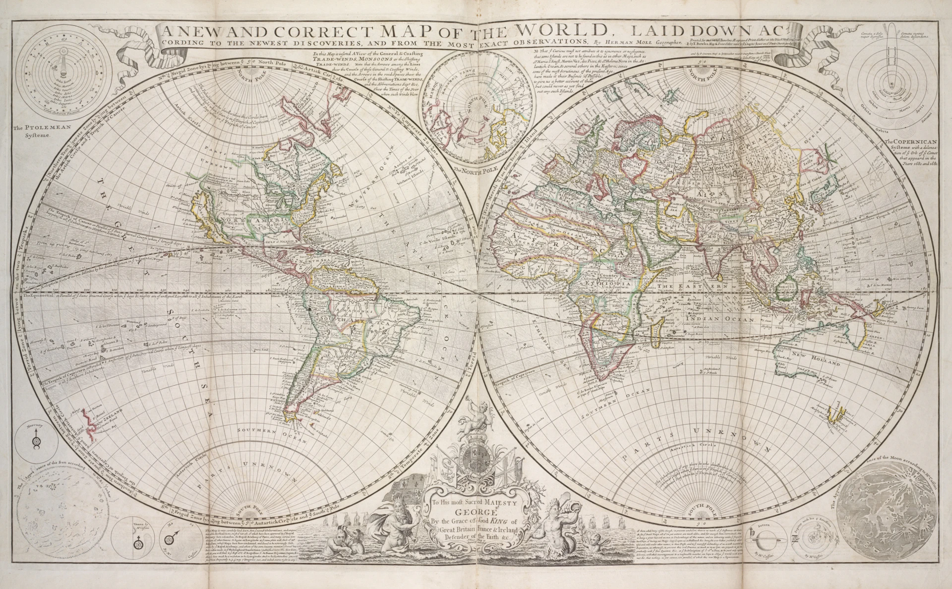 Antique world map showing continents and oceans
