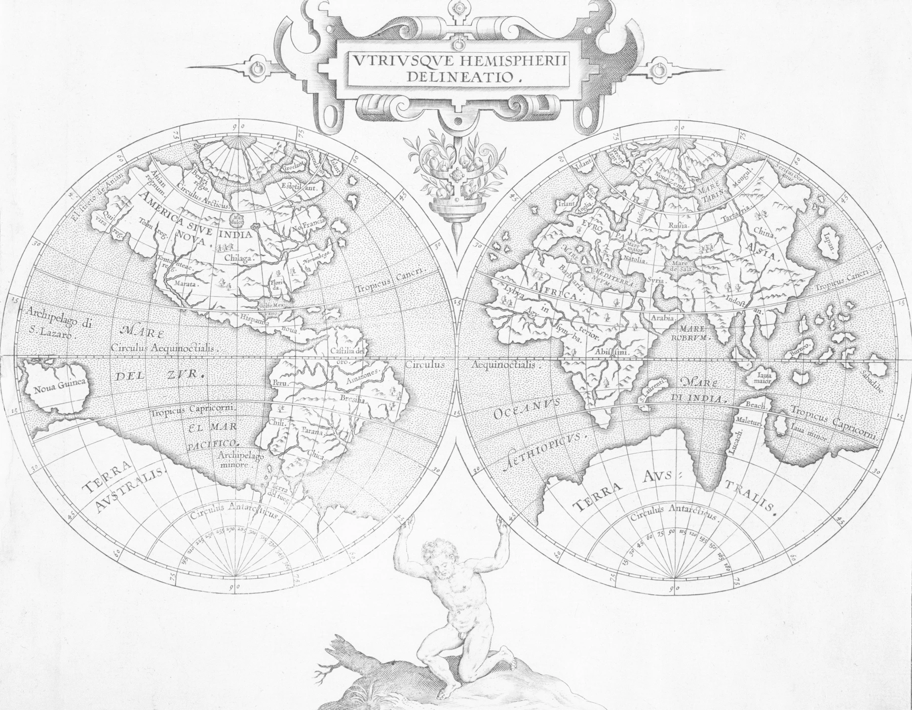 An antique engraved world map drawn as two hemispheres