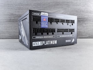 A black box with a blue label on it