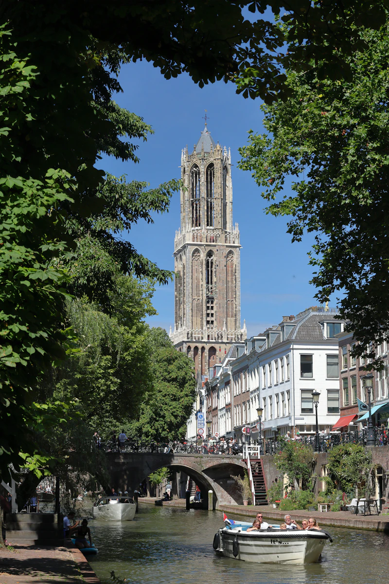 Canal with the Dom Tower in the background, Utrecht, Netherlands