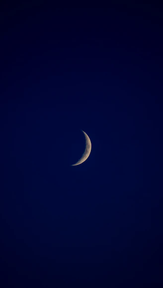 A half moon is seen in the dark sky