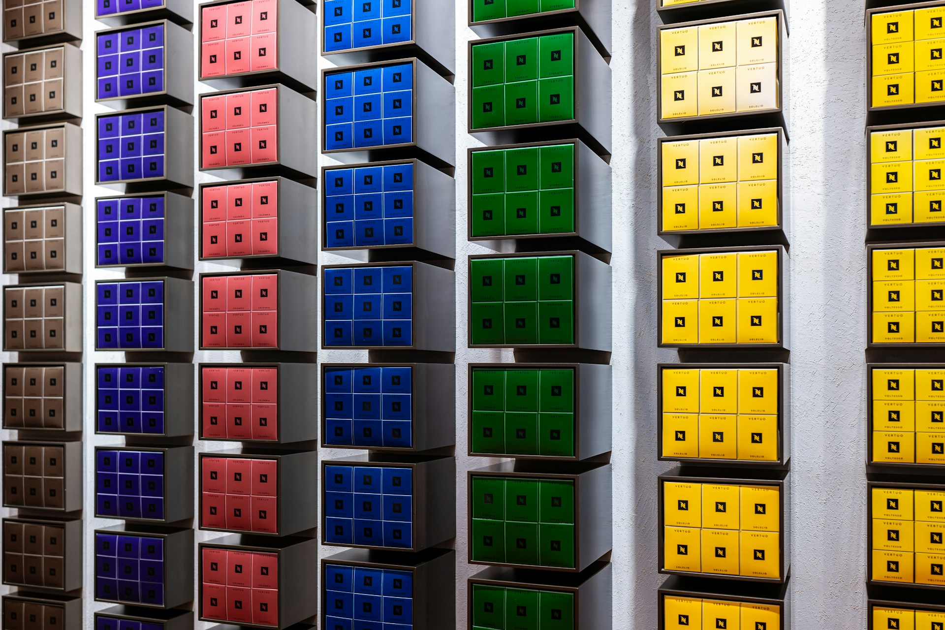 A bunch of boxes that are on a wall