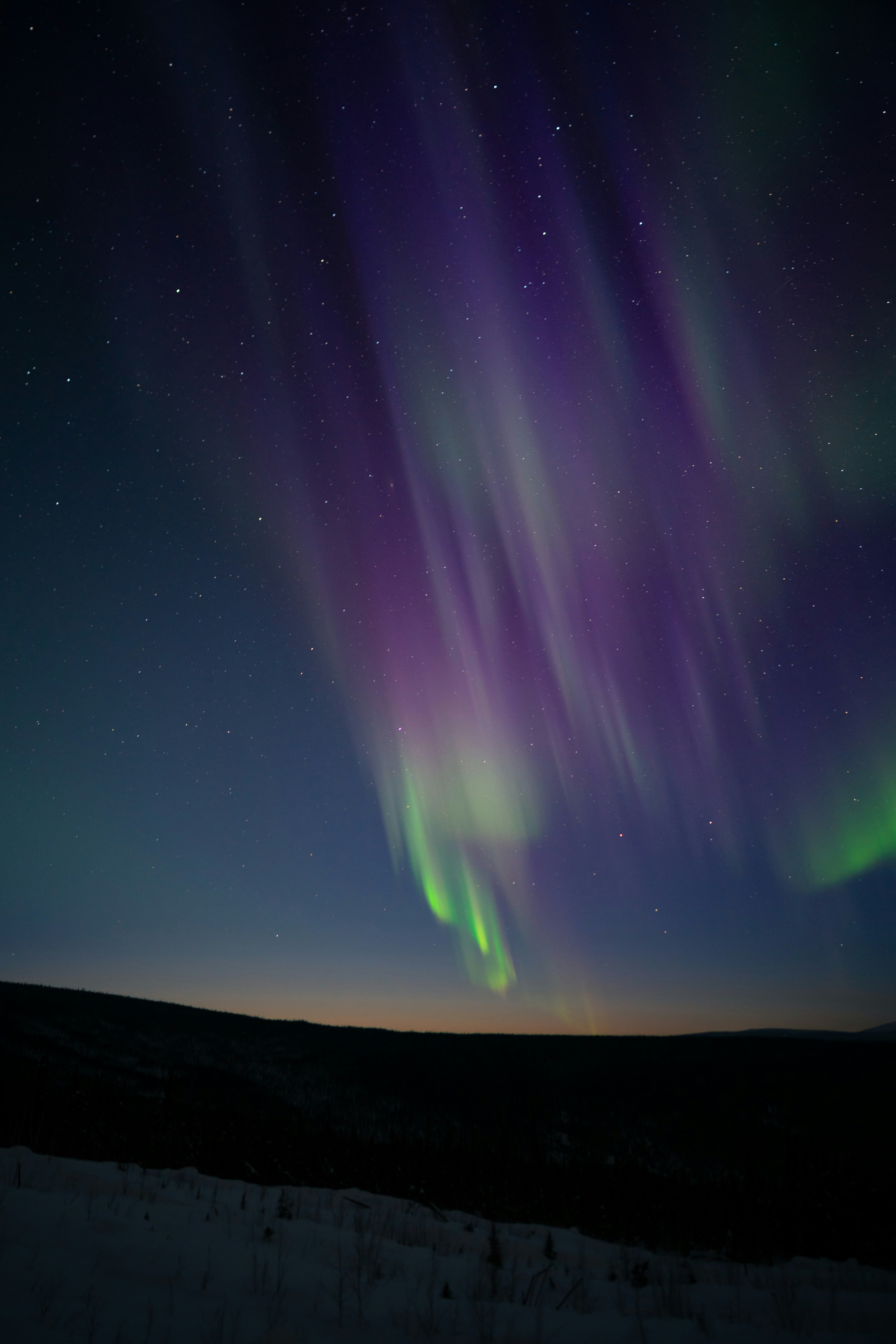 A purple and green aurora bore in the night sky