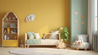 A child's bedroom with yellow walls and a white rug