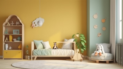 A child's bedroom with yellow walls and a white rug