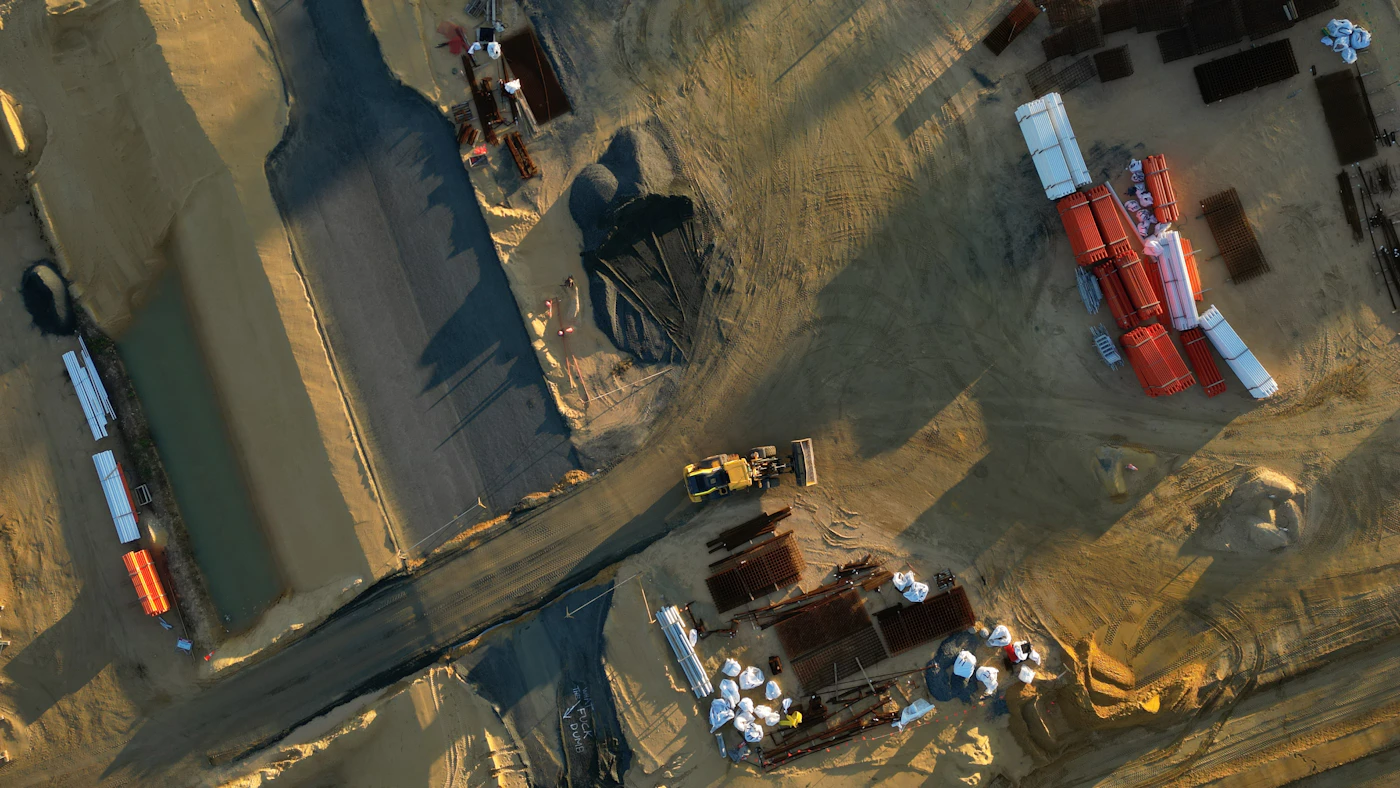 Aerial view of a construction site with equipment